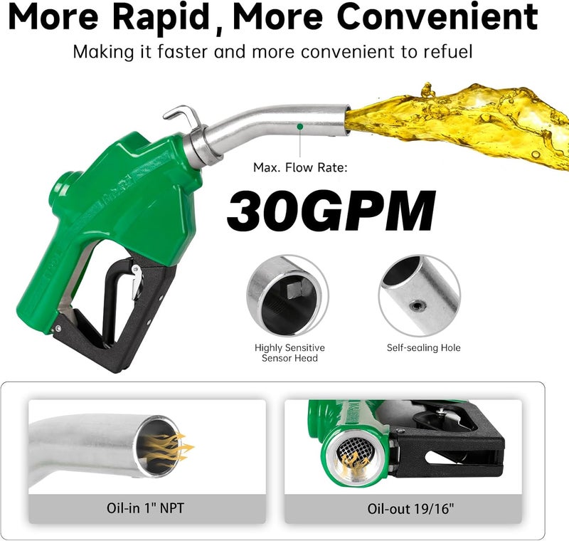 BreAro 1" NPT Automatic Fuel Nozzle with Hook, Gas Nozzle Diesel Pump Handle Max Flow Rate 30GPM, 3-speed Padlock, Auto Shut Off, 19/16" (OD=30mm) Spout for Gasoline, Diesel, Kerosene Biodiesel - Image 3